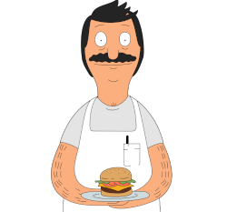 Bob from Bob's Burgers, holding a hamburger.